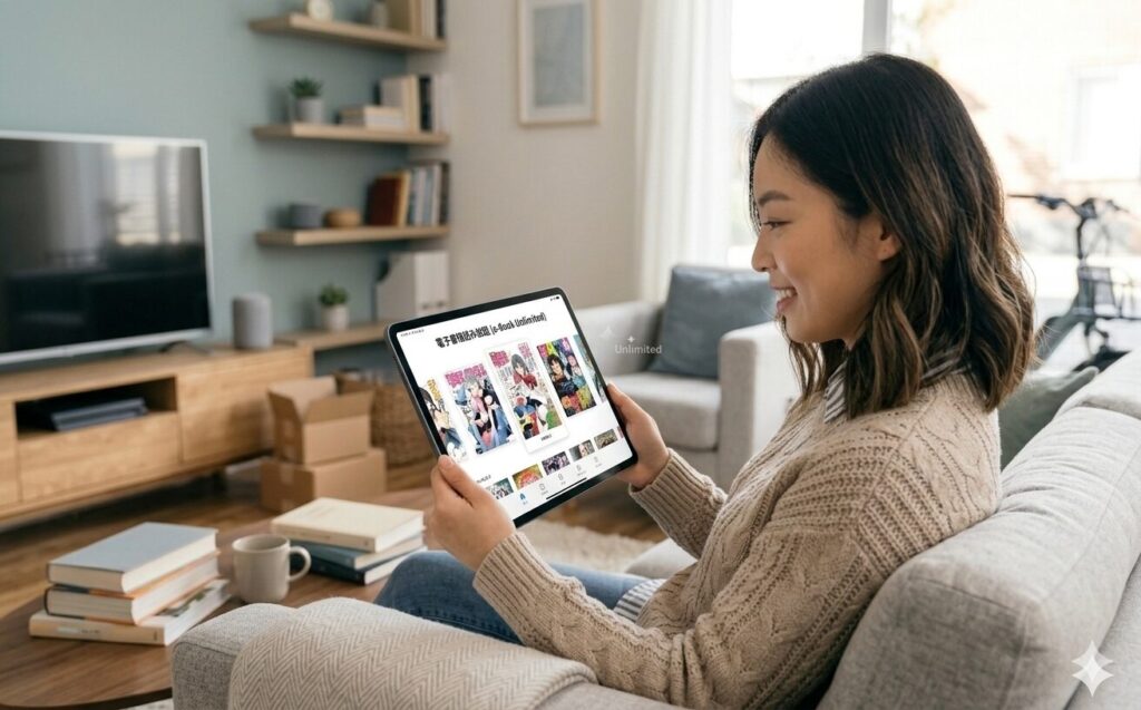 タブレットで電子書籍を読みながらくつろぐ女性
