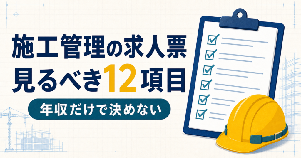 施工管理の求人票で見るべき12項目を示すアイキャッチ画像