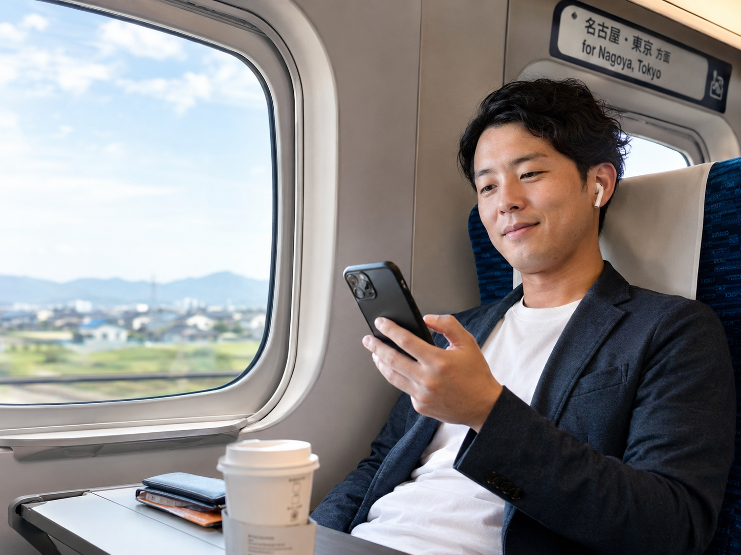 シルバーウィークの移動中に新幹線でスマホを操作する男性