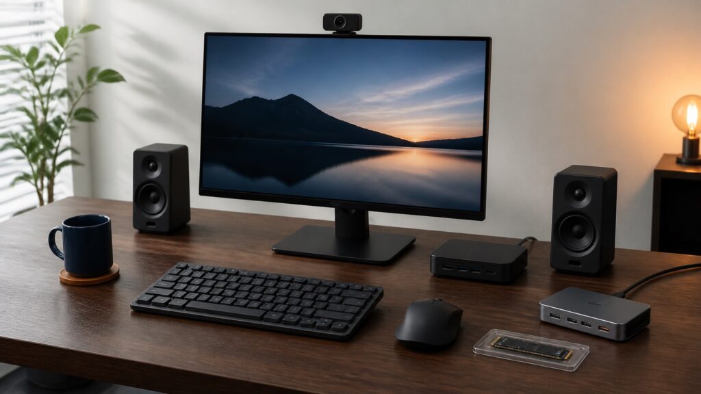 キーボード、マウス、スピーカー、Webカメラ、SSD、USB-Cドックを配置したPC作業環境