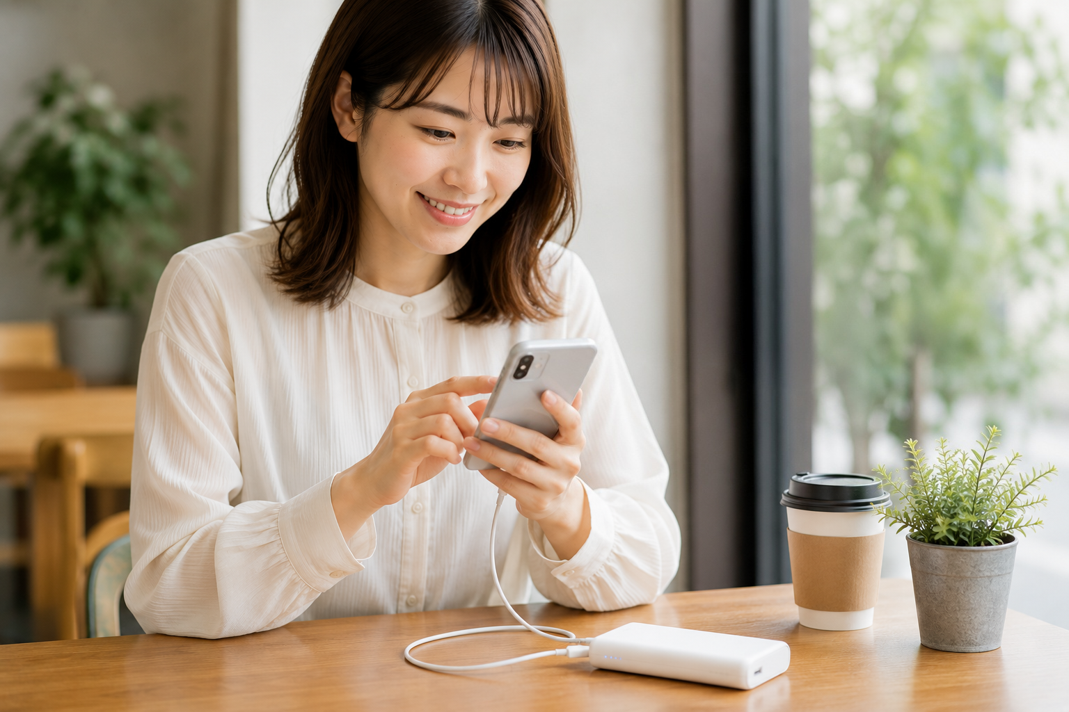 防災用に備えたモバイルバッテリーでスマホを充電する女性