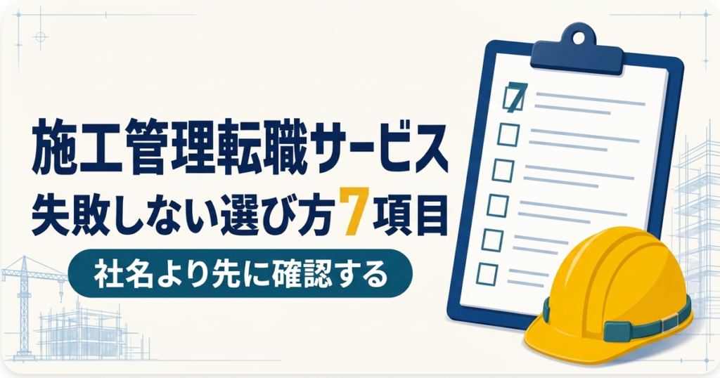 施工管理向け転職サービスの選び方で社名より先に確認する7項目を示すチェックリストとヘルメットの図解