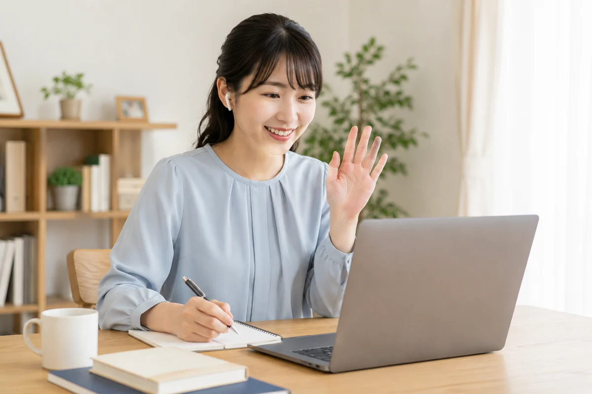 パソコンで確認しながら買い物の予定をメモするイメージ