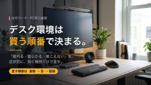 モニターアーム、モニターライト、ドック、キーボード、マウスを配置したデスク環境と「デスク環境は買う順番で決まる」の見出し