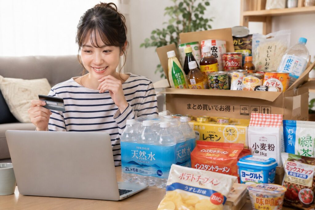 日用品や食品をまとめ買いした様子