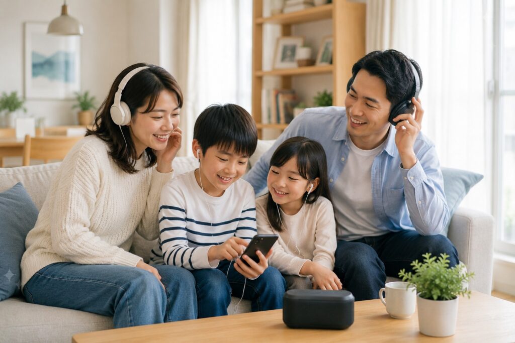 リビングでスマートスピーカーを使う家族