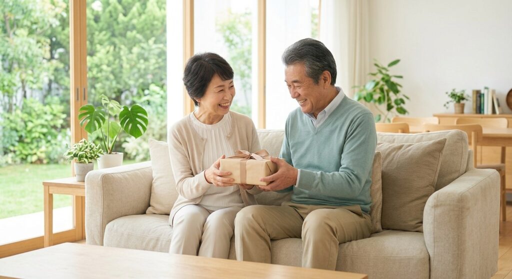 敬老の日に贈り物を受け渡す夫婦