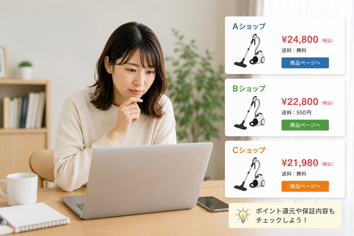 3つのショップで商品価格・送料・ポイント還元を比較するイメージ