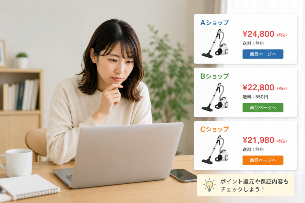 ショップ別に価格と割引率を見比べる比較イメージ